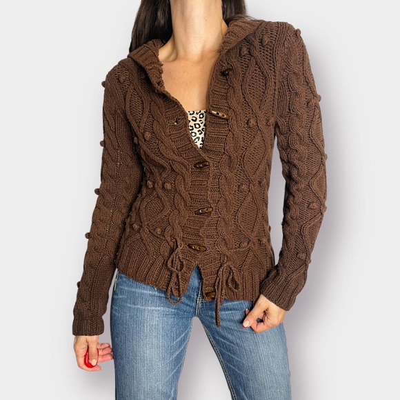 Y2K Kenji Brown Cardigan Sweater with‎ Hood - Picture 6 of 9